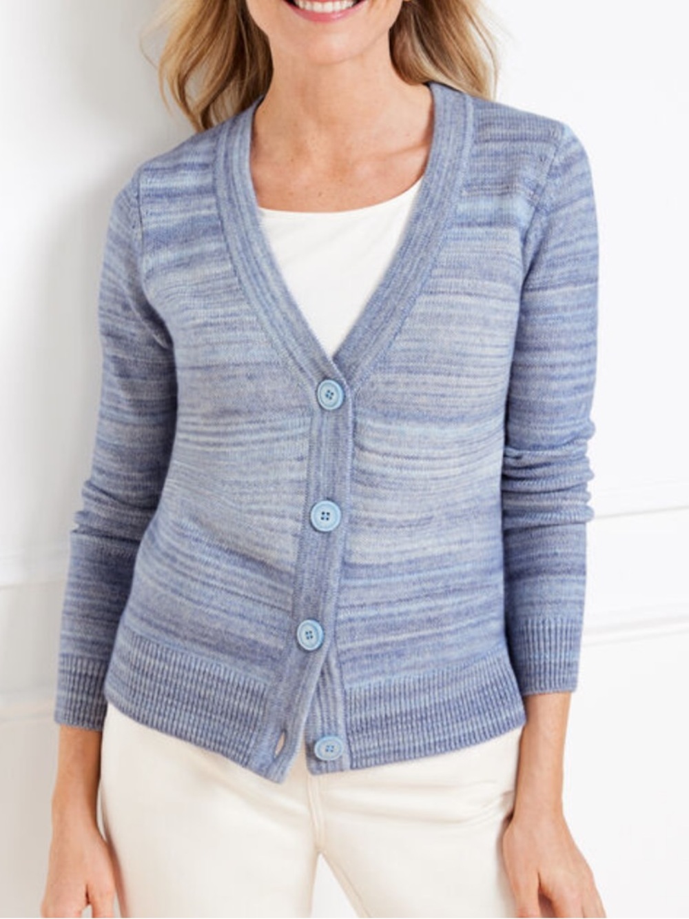Talbots V Neck Cardigan Space Dye Sweater Sz L Blue Grannie Preppy Church Layers